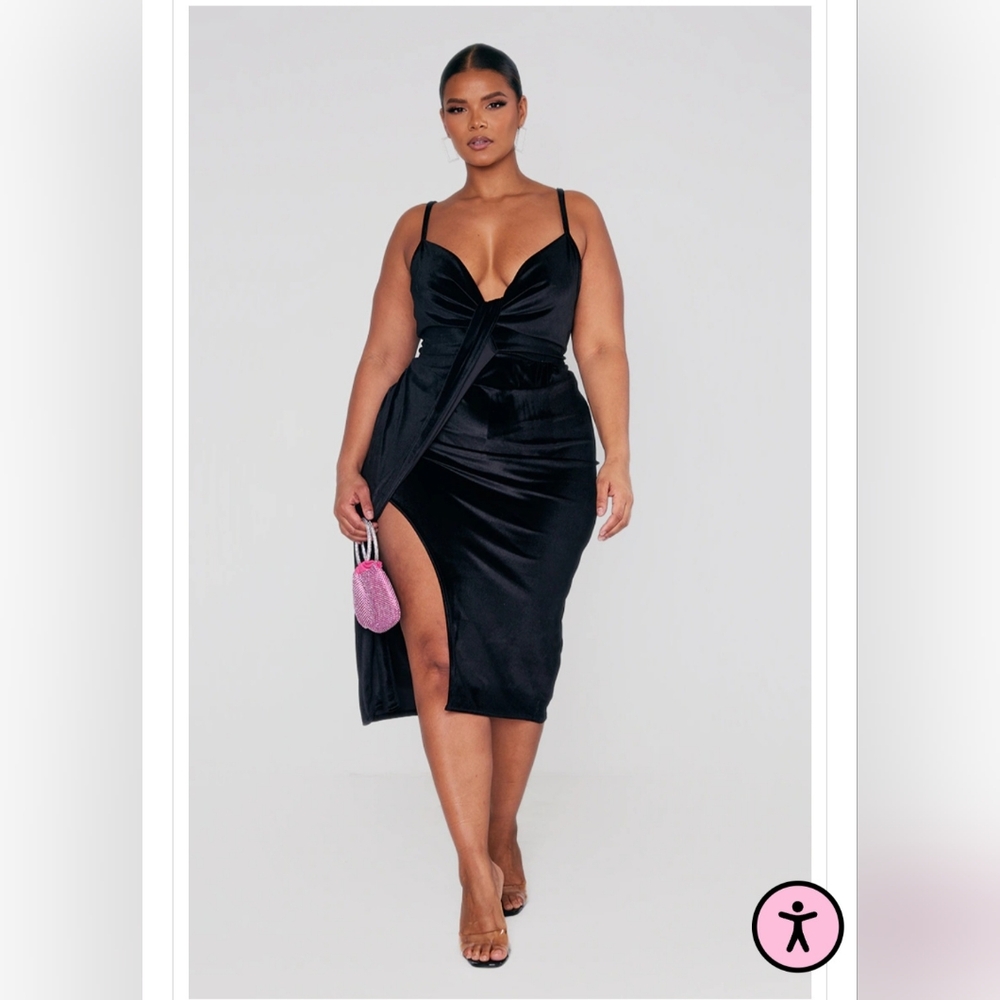 Plus Black Velvet Drape Wrap Detail Midi Dress